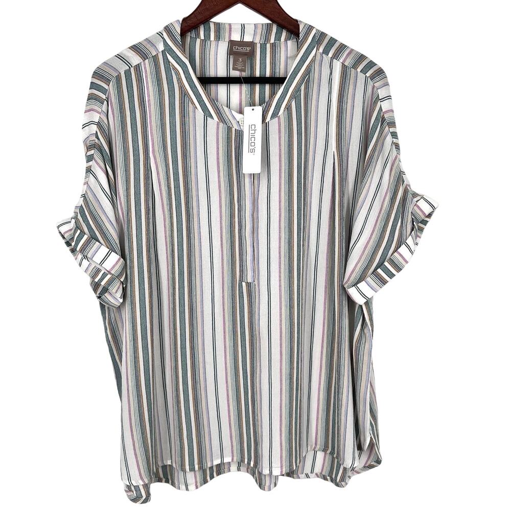 NEW NWT Chicos 3 XL Multicolor Beachy Tropical Blouse Shirt Top Mature Green